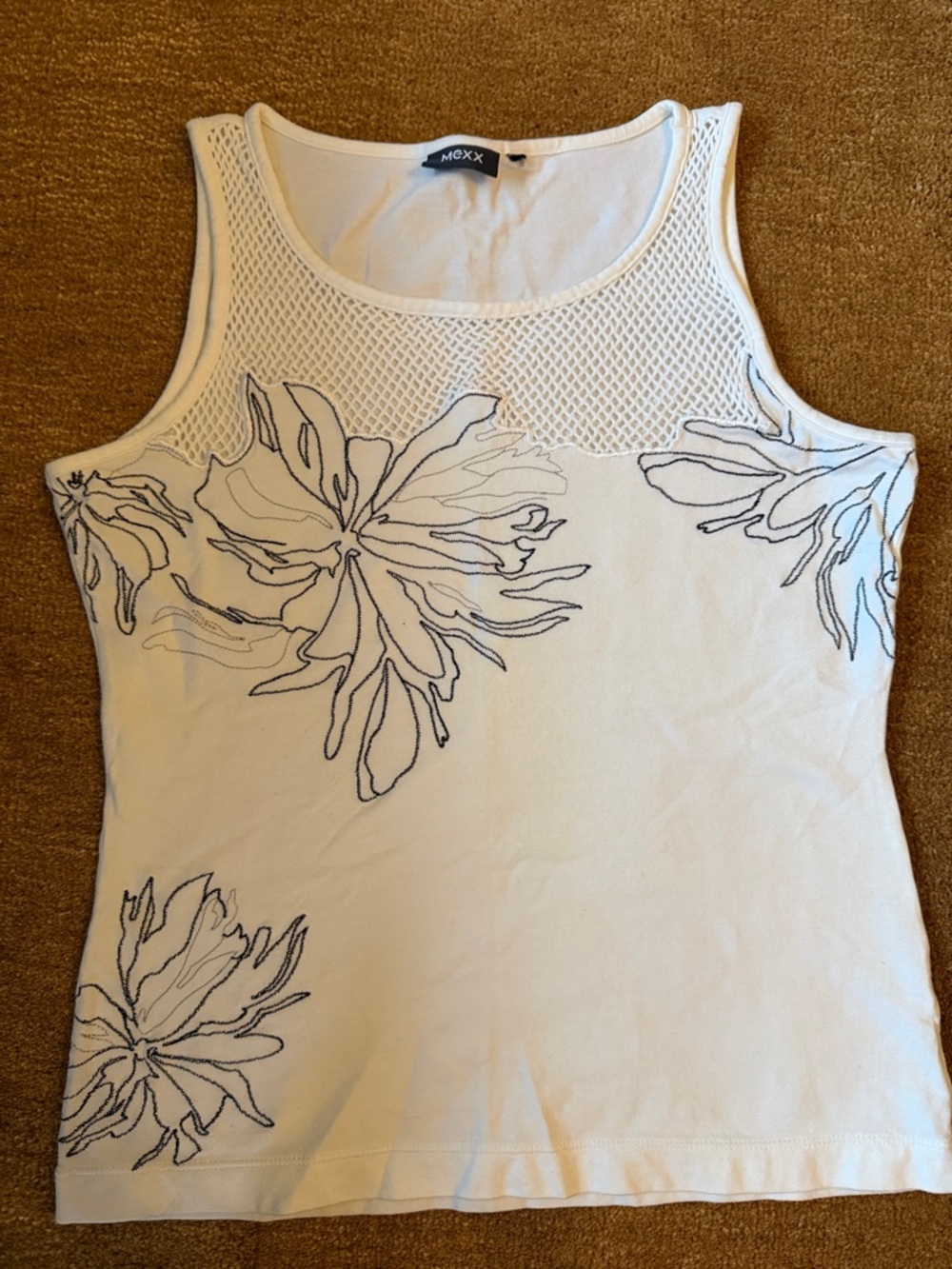 Mexx Cream Tank Top with Navy Floral Outline and Mesh Yoke